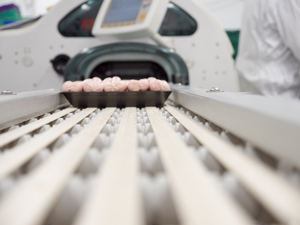 packed sausage trays entering a sealing machine